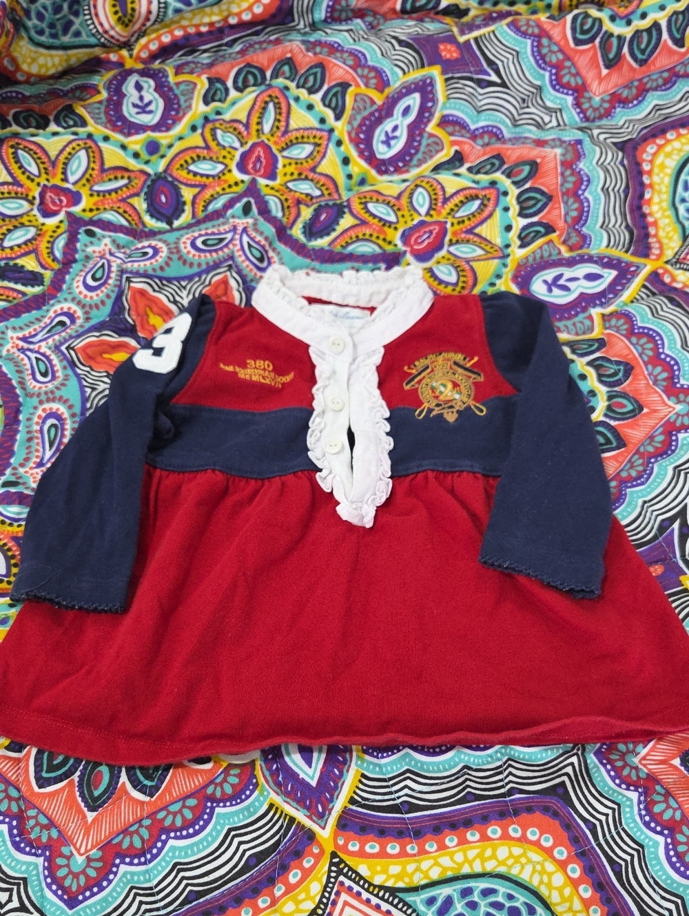 Ralph Lauren Red & Navy Long-Sleeve Polo Dress with White Ruffle Placket